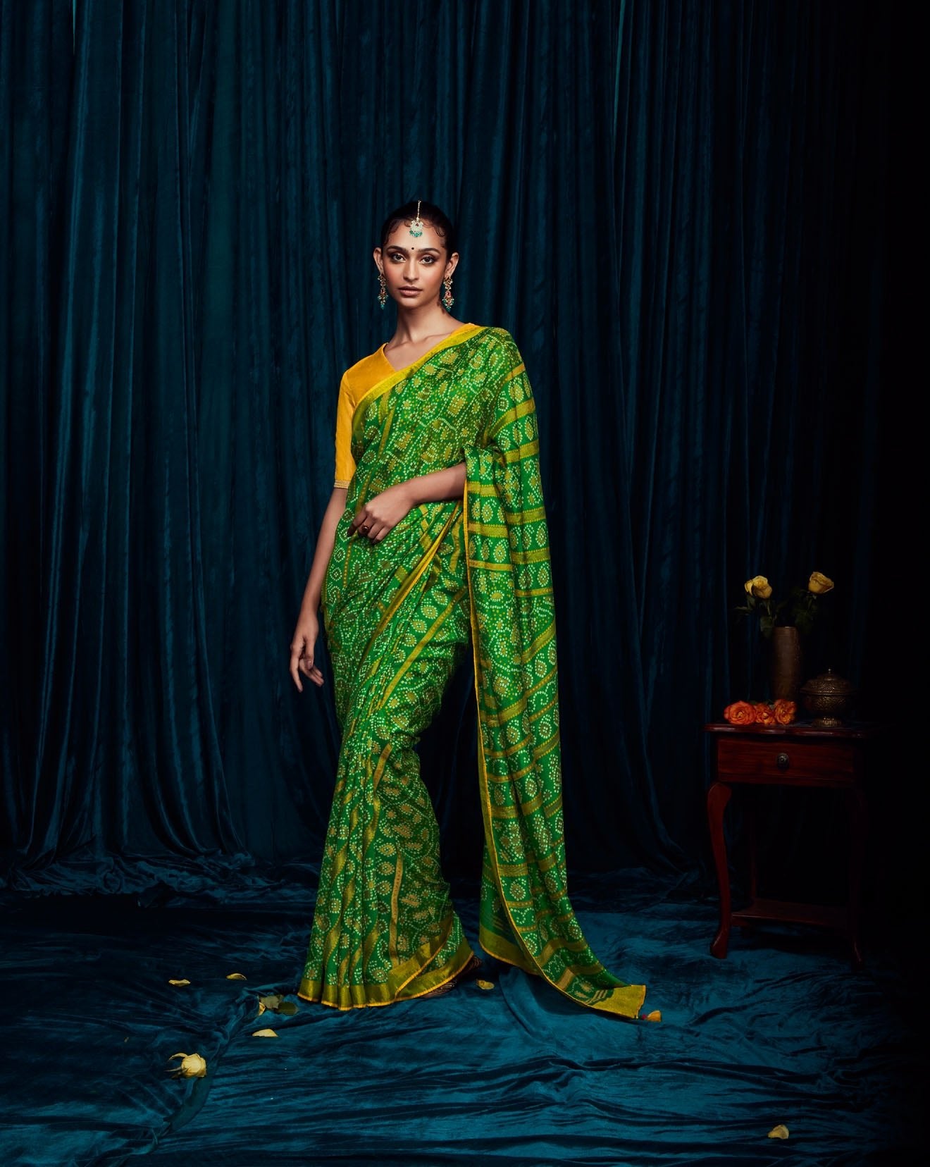 Green Color Printed Bandhani Brasso Silk Saree TYAAR INDIA green-color-printed-bandhani-brasso-silk-saree-tyaar-india