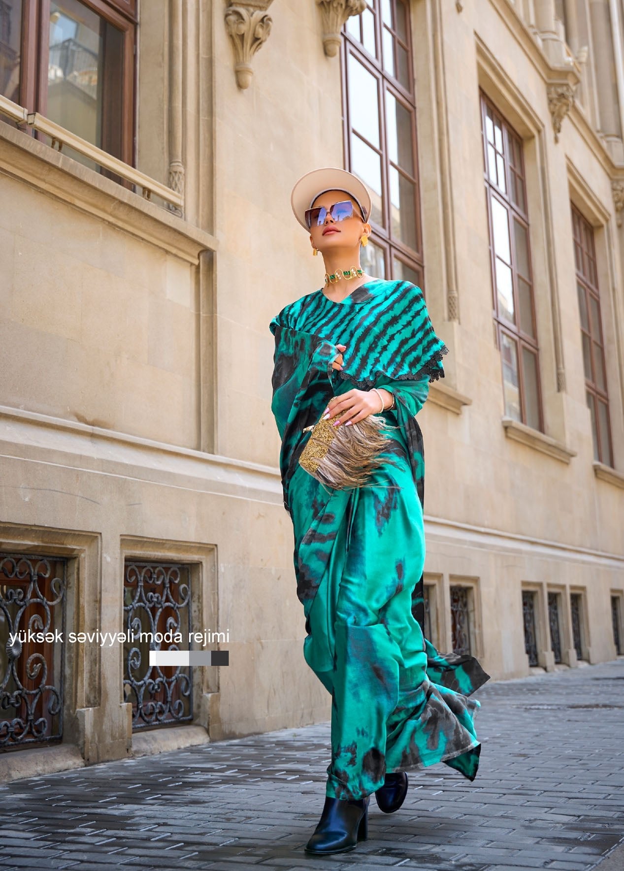 Green Color Printed Satin Crepe Saree TYAAR INDIA green-color-printed-satin-crepe-saree-tyaar-india