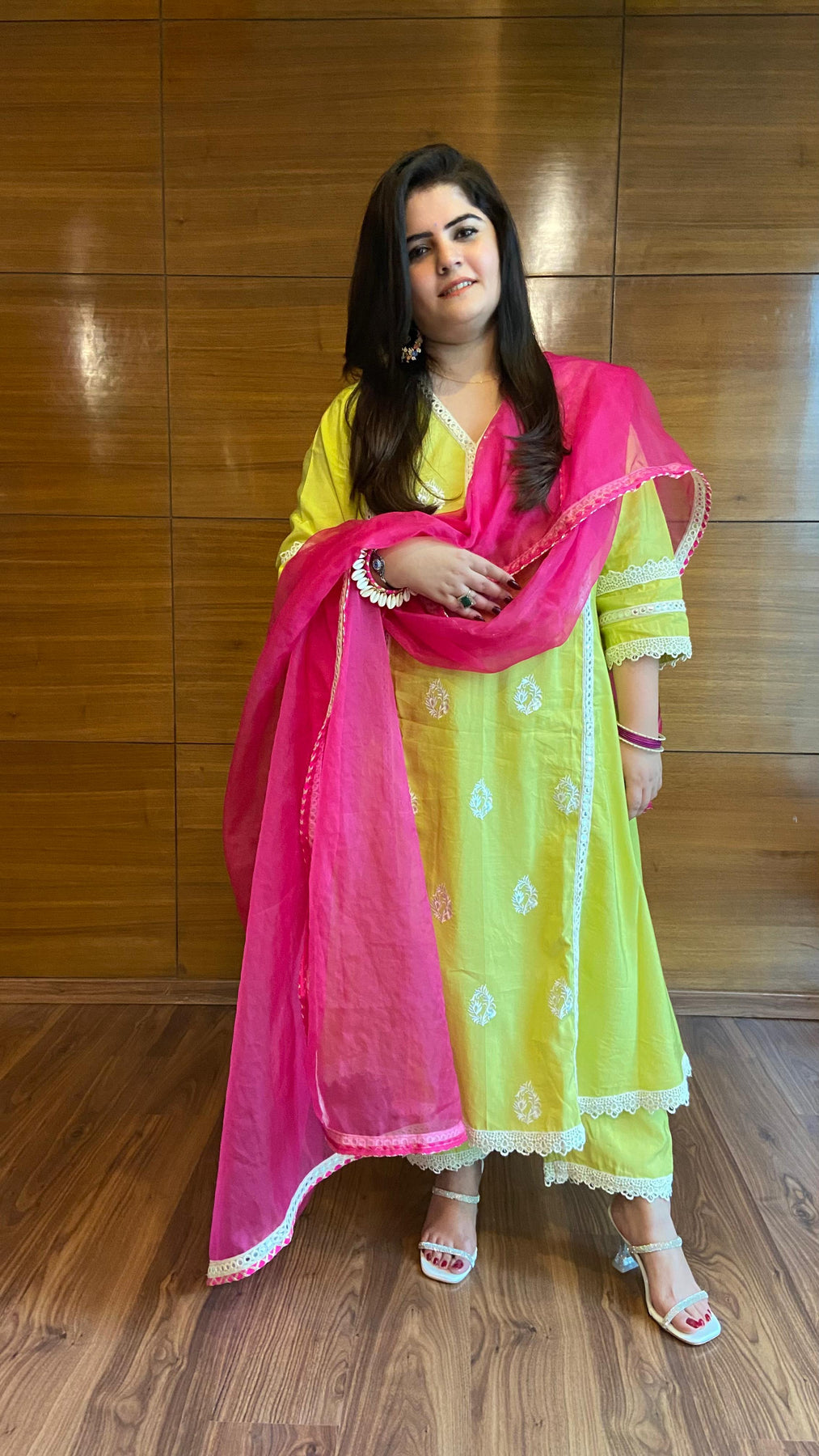 Lime Rush Cotton Chanderi Embroidered Anarkali Kurta Set TYAAR INDIA lime-rush-cotton-chanderi-embroidered-anarkali-kurta-set-tyaar-india